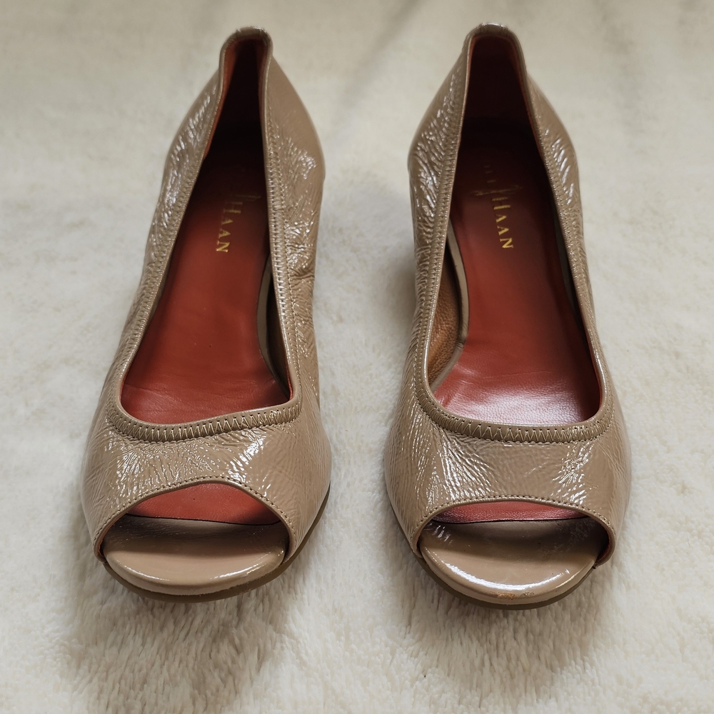 Cole Haan x Nike Air Women's Patent Leather Tan Peep Toe Shoes sz 7B - Picture 2 of 8